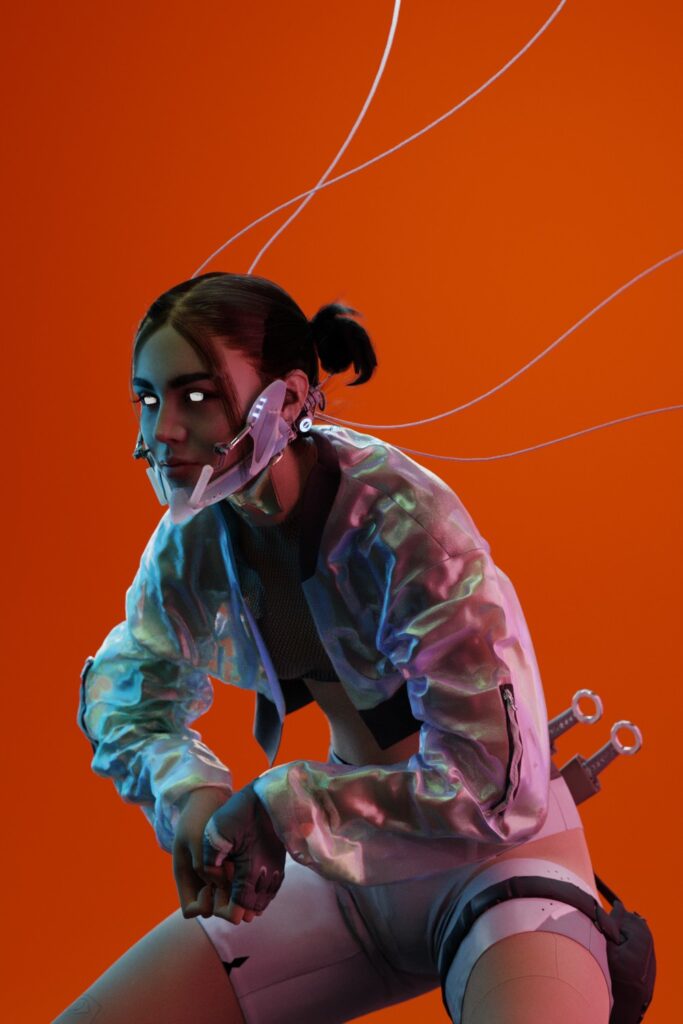 Darian Rojas with glowing eyes and wires attached to her face is depicted against a vibrant orange background.